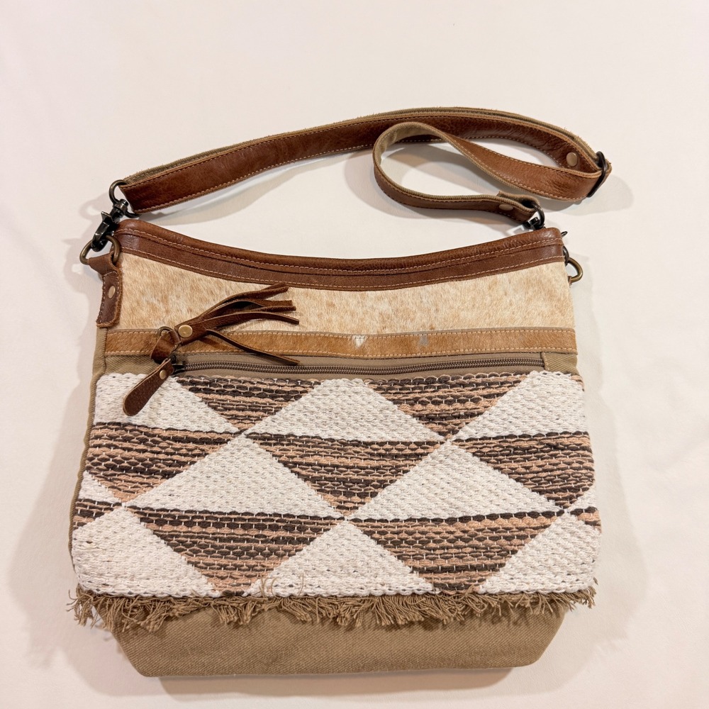 Myra Bag Crossbody Bag Womens Medium Tan Brown Leather Canvas Hair-on-Hide Boho